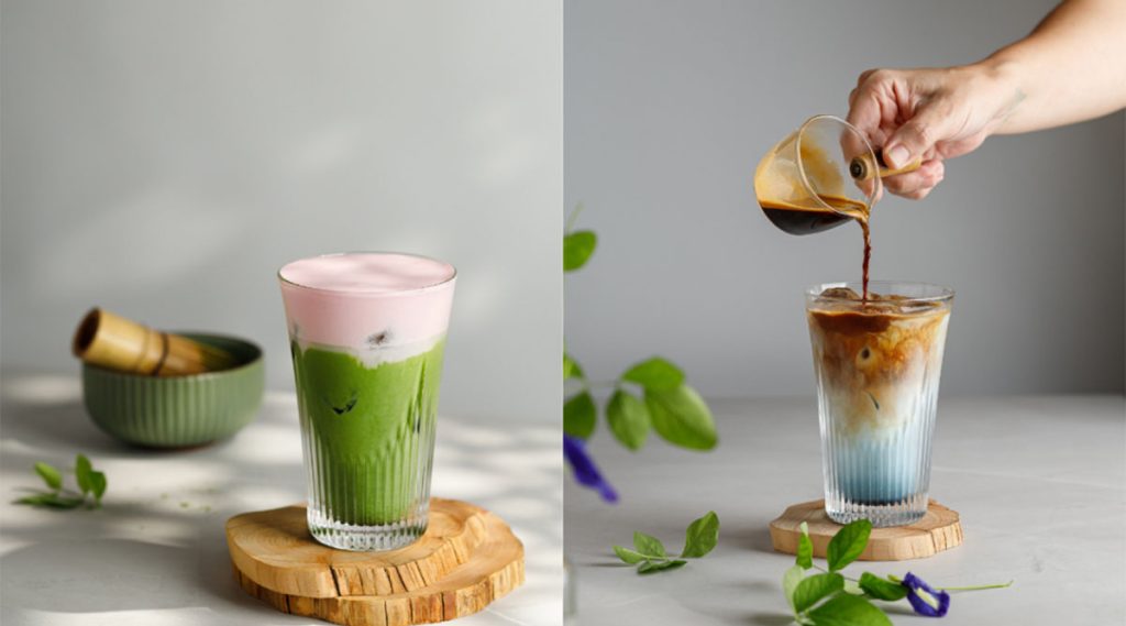 Rose Matcha and Blue Pea Caramel Latte 